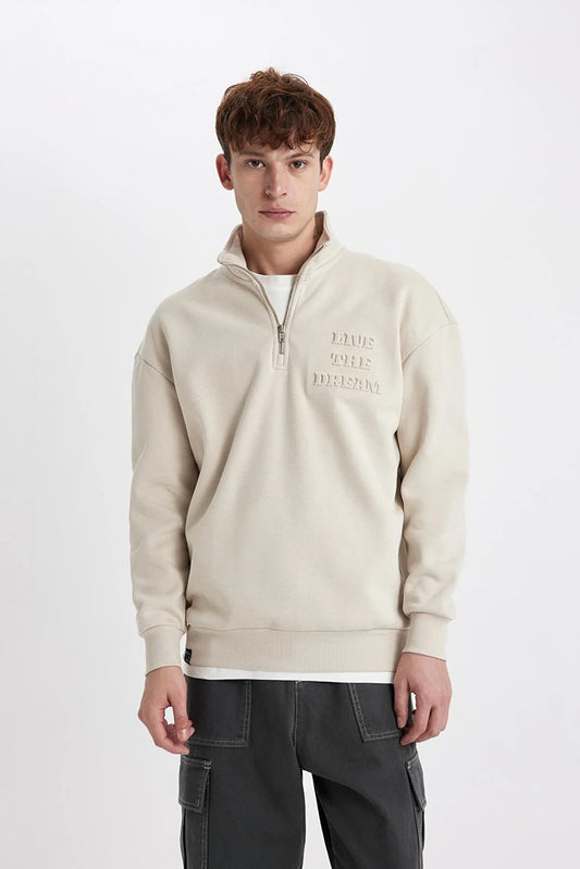 Defacto Men's Beige Comfort Fit Stand-up Collar Sweatshirt