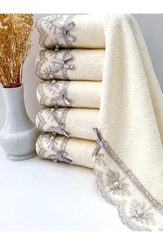 Ayhan Home Kitchen Set of 6 100% Cotton Velvet Lace Laced Bow Dowry Holder 30x50 Towels