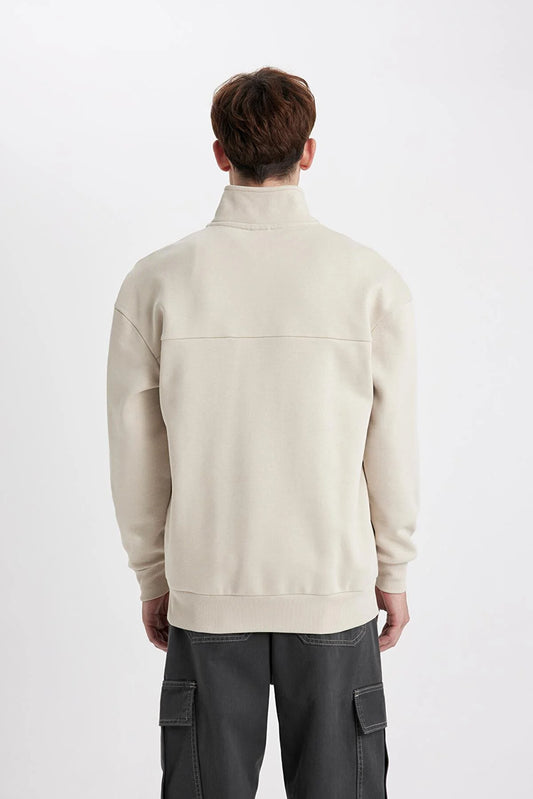Defacto Men's Beige Comfort Fit Stand-up Collar Sweatshirt