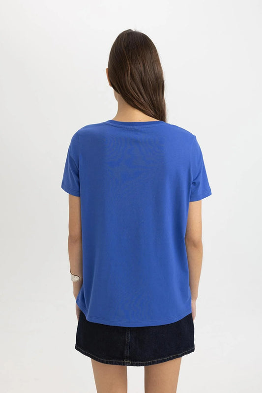 Defacto Women's Blue Regular Fit V-Neck Short Sleeve T-Shirt