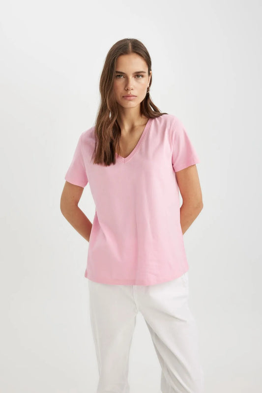 Defacto Women's Pink Regular Fit V-Neck Short Sleeve T-Shirt