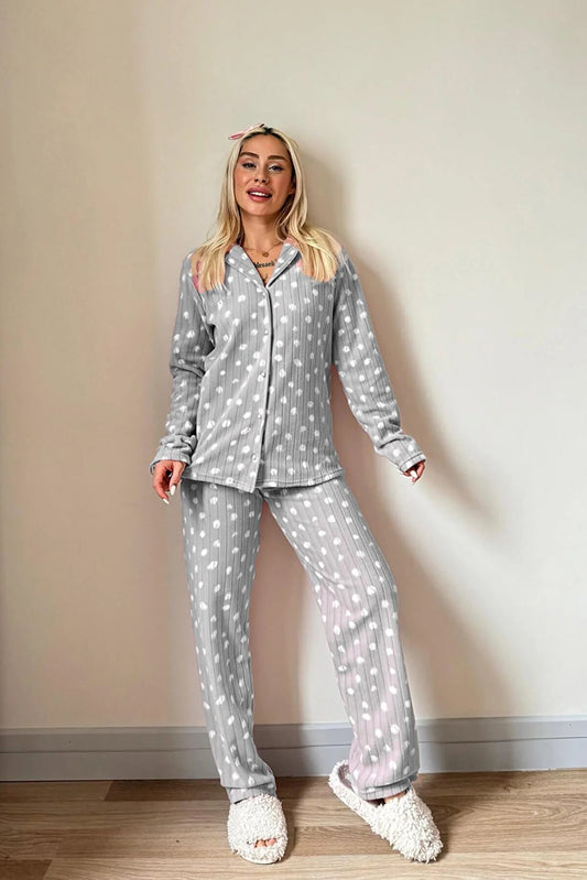 Pijamaevi Women's Grey Lune Patterned Front Buttoned Plush Polar Pajama