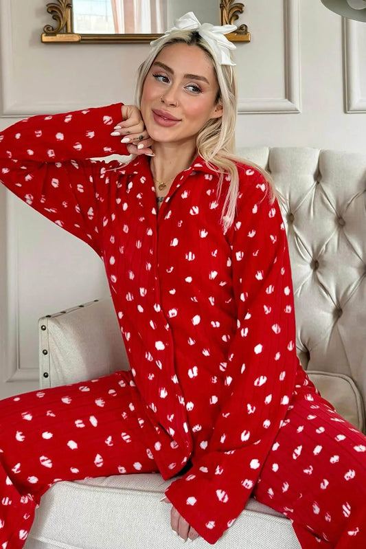 Pijamaevi Women's Red Lune Patterned Front Buttoned Plush Polar Pajama