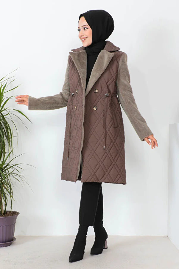 Imajbutik Women's Brown Double Breasted Collar Quilted Coat