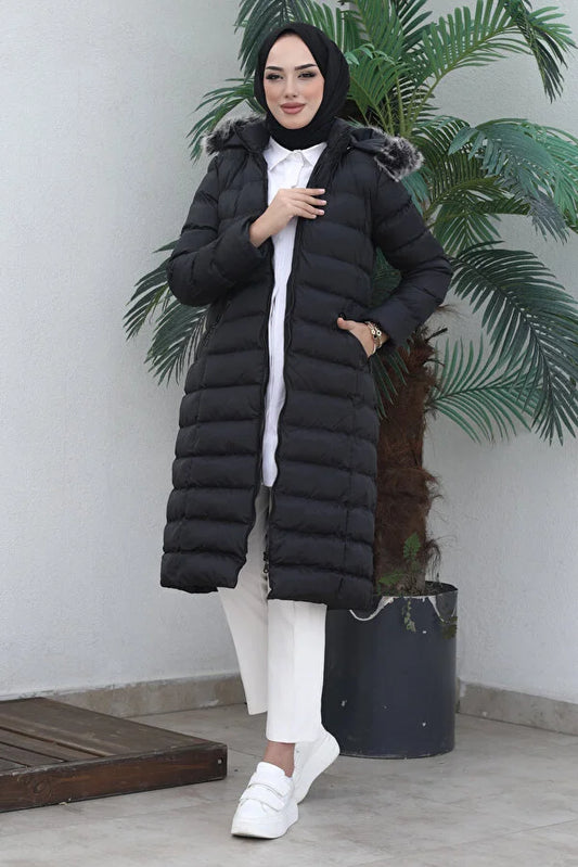 Imajbutik Women's Black Modest Hooded Zippered Hijab Puffer Coat