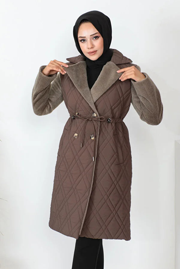 Imajbutik Women's Brown Double Breasted Collar Quilted Coat