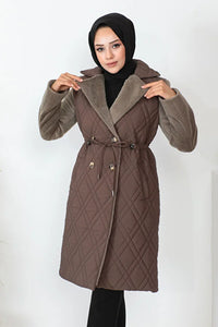 Thumbnail for Imajbutik Women's Brown Double Breasted Collar Quilted Coat