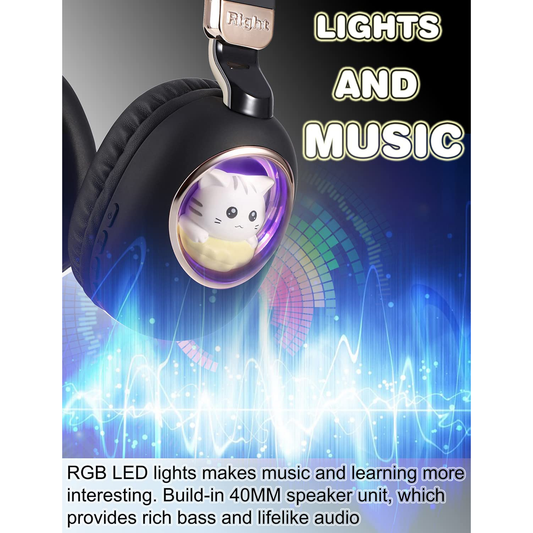 Kids Wireless Headphones With Cute Cat Colorful LED Lights - Black