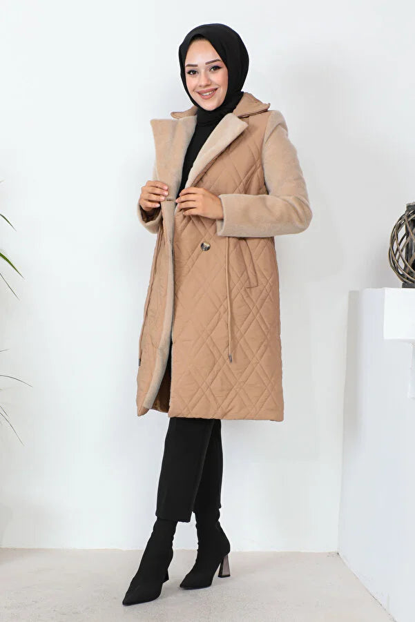 Imajbutik Women's Camel Double Breasted Collar Quilted Coat