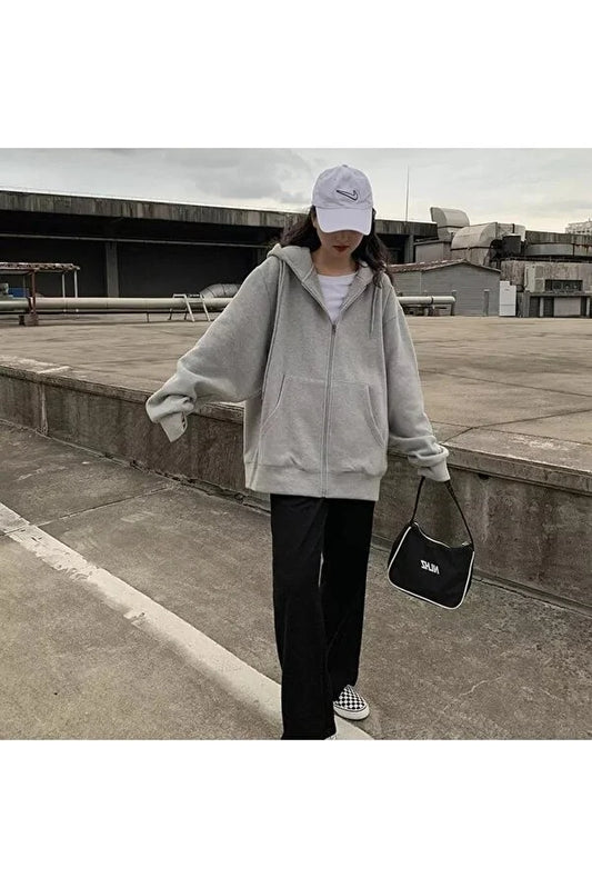 Gofeel Women's Grey Streetwear Zippered Harajuku Hooded Cardigan