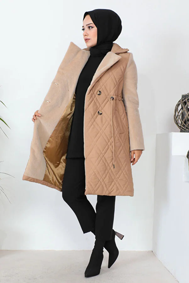 Imajbutik Women's Camel Double Breasted Collar Quilted Coat