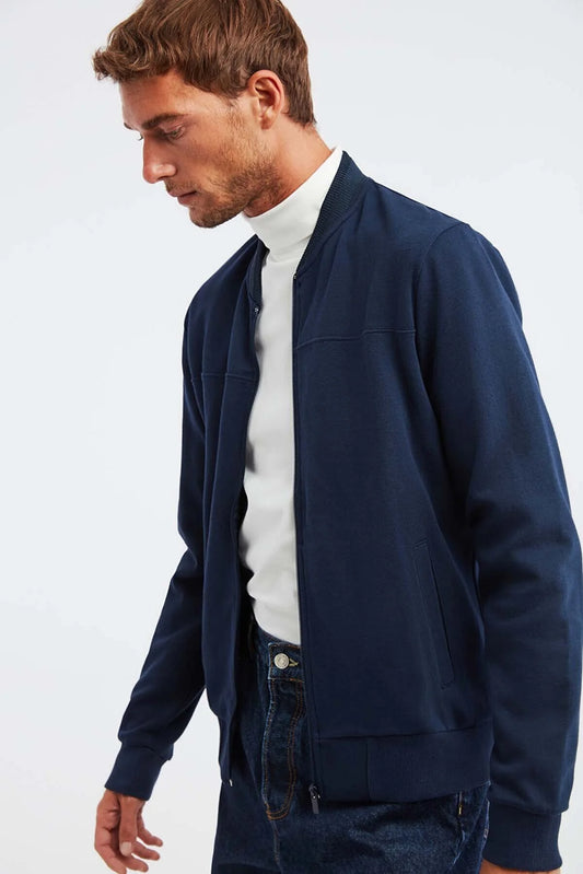 Grimelange Men's Navy Blue Zippered Knitwear Collar Slim Fit Daily Small Size Jacket