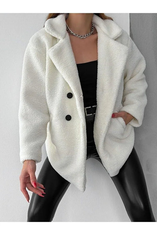 By Gecce Women's White Four Button Plush Coat