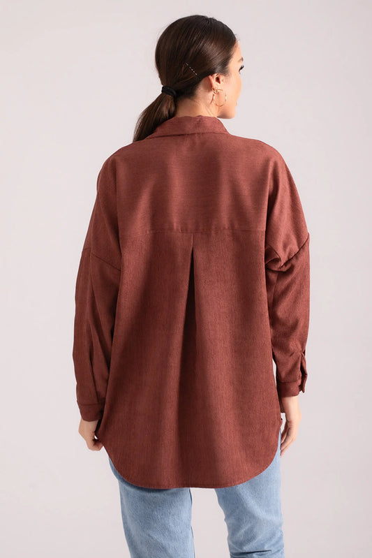 Armonika Women's Brown Pocket Oversize Slim Corduroy Shirt
