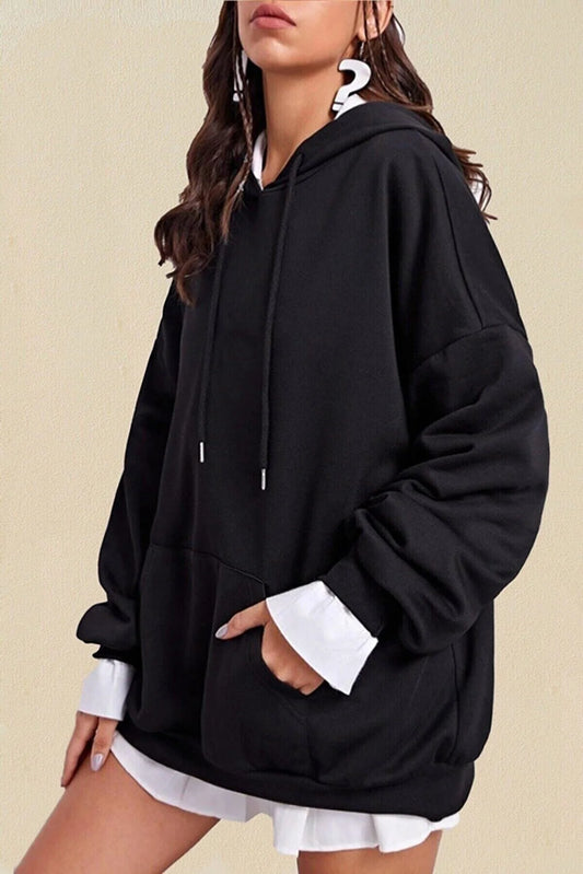 Eldemir Women's Plain Black Hooded Oversize Cotton Sweatshirt