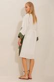 Trend Alacatı Style Women's Ecru V-Neck Embroidered Raw Linen Dress