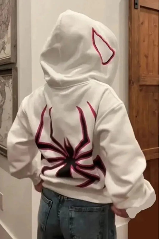 Gofeel Women's White Hooded Back Printed Spider-man Cardigan