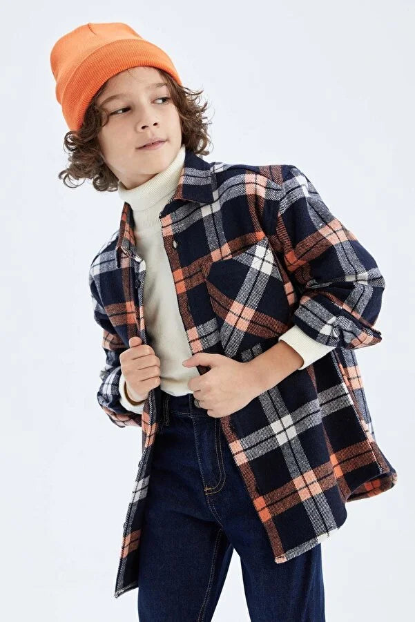 Defacto Boy's Black Orange Oversize Flannel Long Sleeve Shirt