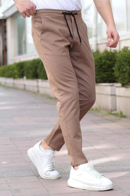Tarz Cool Men's Brown Eganis Drawstring Jogger Buttoned Fabric Pants