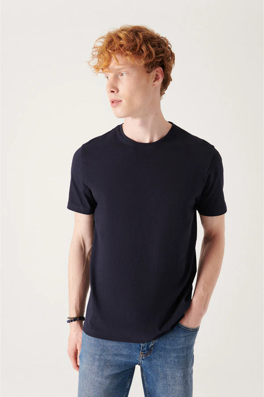 Avva Men's Navy Blue 100% Cotton Breathable Crew Neck Standard Fit Regular Cut T-shirt