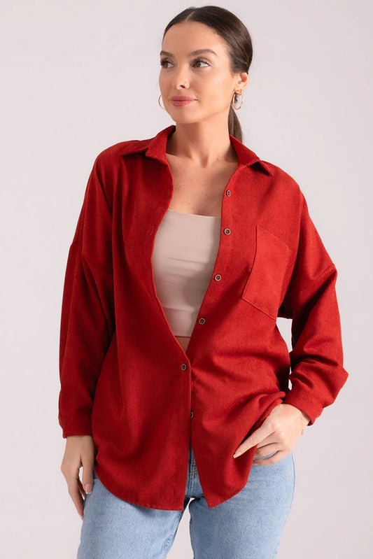 Armonika Women's Red Pocket Oversize Slim Corduroy Shirt