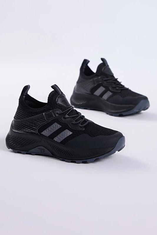 Tonny Black Boy's Black Smoked Comfortable Breathable Fabric Lace-Up Sport Shoes