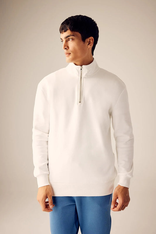 Defacto Men's White Comfort Fit Zippered High Collar Sweatshirt