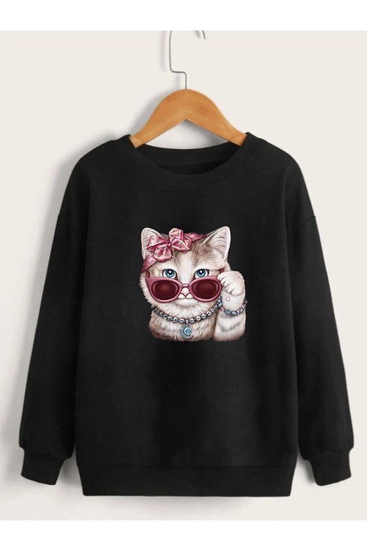 Vask Girl's Black Crew Neck Oversize Fancy Cat Sweatshirt