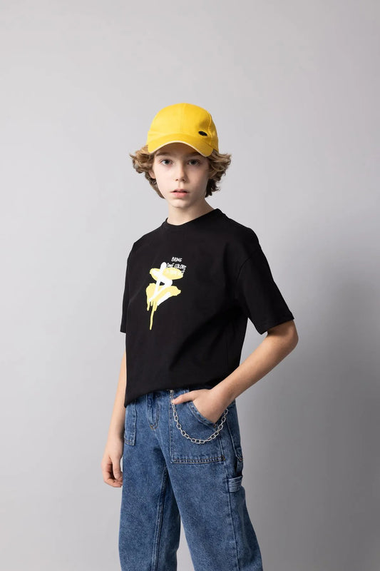 Defacto Boy's Black Oversize Fit Crew Neck Printed Short Sleeve T-Shirt