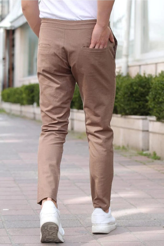 Tarz Cool Men's Brown Eganis Drawstring Jogger Buttoned Fabric Pants