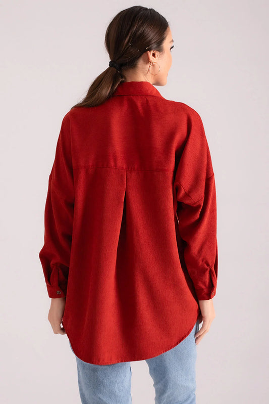 Armonika Women's Red Pocket Oversize Slim Corduroy Shirt