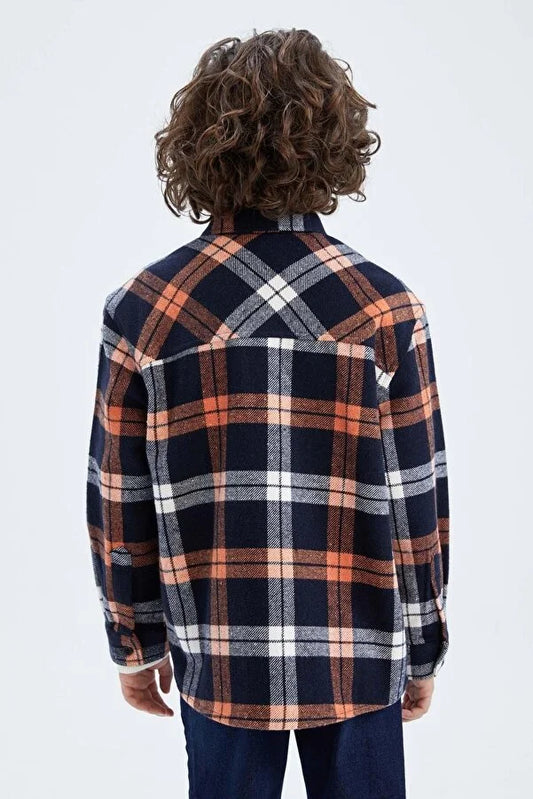 Defacto Boy's Black Orange Oversize Flannel Long Sleeve Shirt