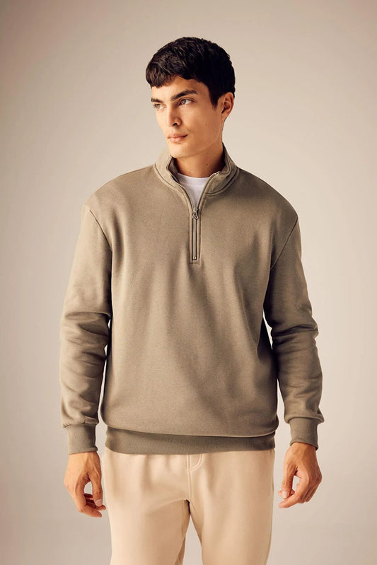 Defacto Men's Khaki Comfort Fit Zippered High Collar Sweatshirt