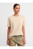 Dilvin Women's Light Beige Decorative Stitched Crew Neck T-Shirt