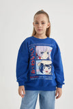 Defacto Girl's Blue Relax Fit Crew Neck Sweatshirt