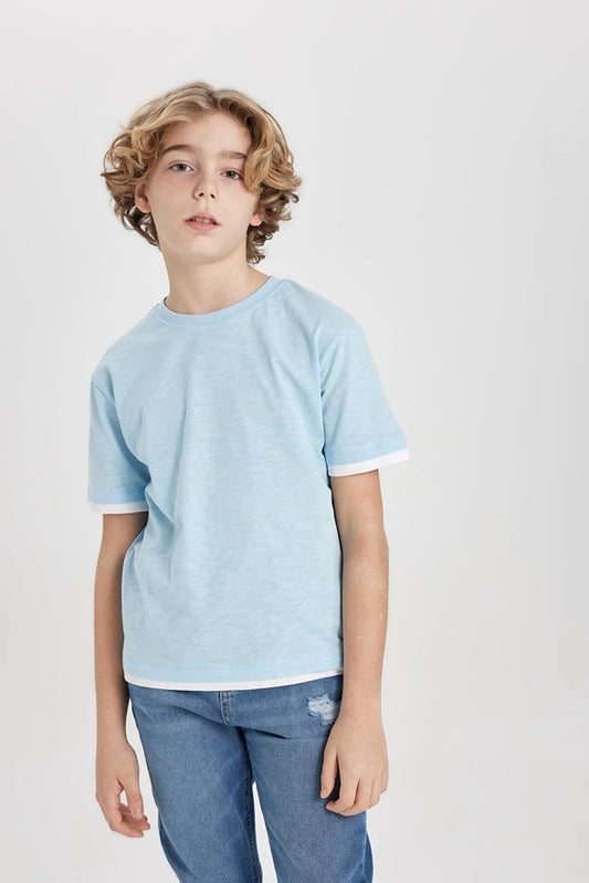 Defacto Boy's Blue Regular Fit Crew Neck Short Sleeve T-Shirt