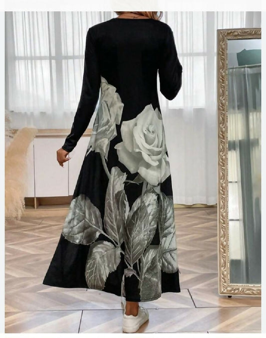 Fashion Beauty Style 7 Flower Print Black Dress