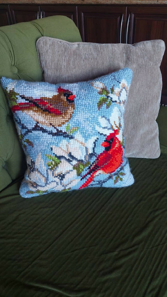 Divine Thread Handmade Cross Stitch Bird Pillow