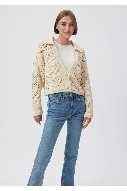 Blue Women's Buttoned Perforated Beige Cardigan