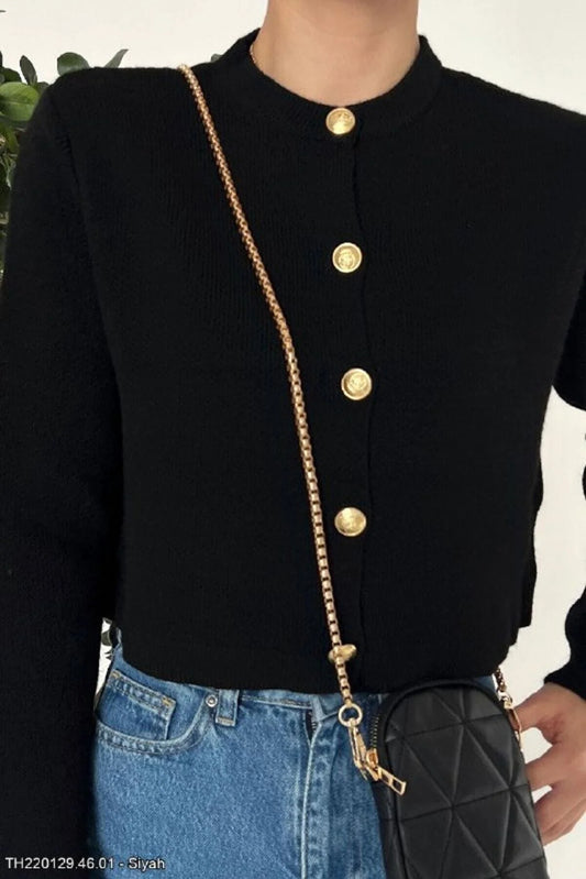 Anubis Women's Crew Neck Gold Button Detailed Knitwear Cardigan
