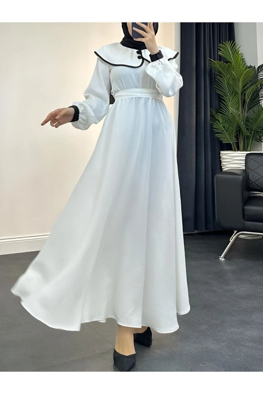 Hijabiya Women's Linen Dress with Piping Collar Hijabs