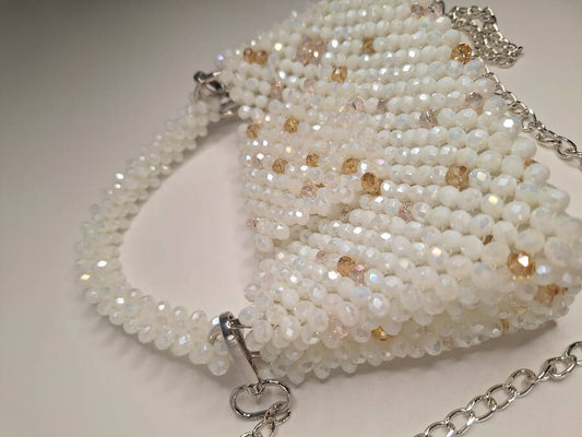 Lulua Stitches Handmade Royal White Crystal Bag