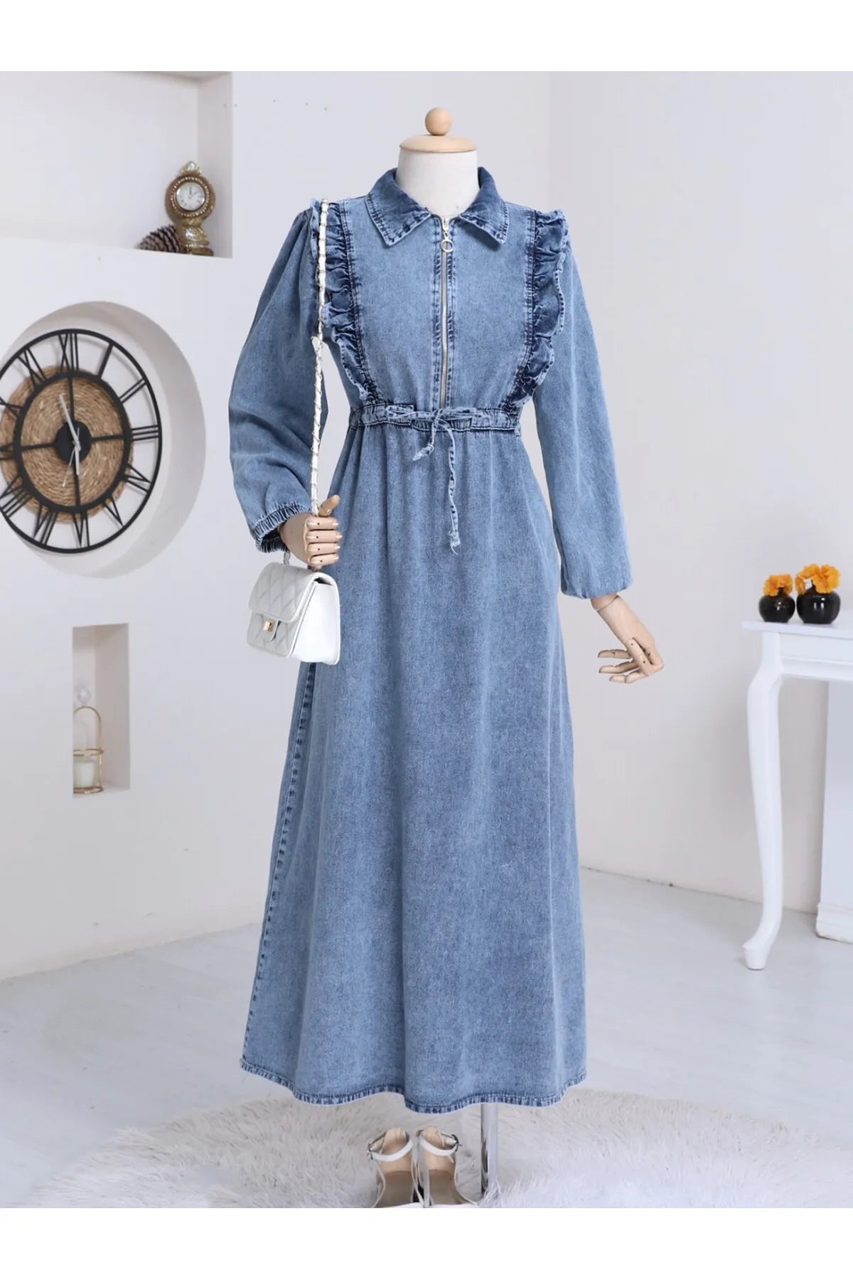 Hijabaya Women's Denim Dress with Ruffles At The Waist Hijabs