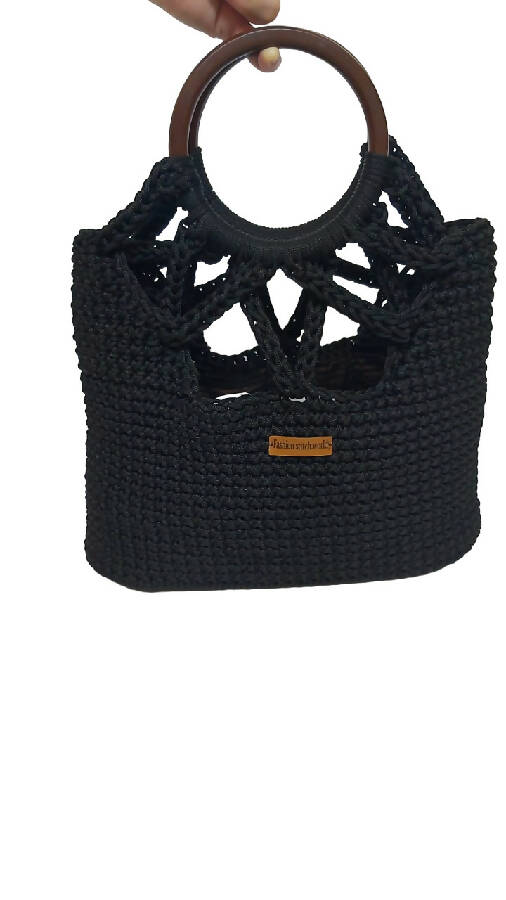 Fashion Stitch Women's Black Basket Classy Crochet Hand Bag For Ladies