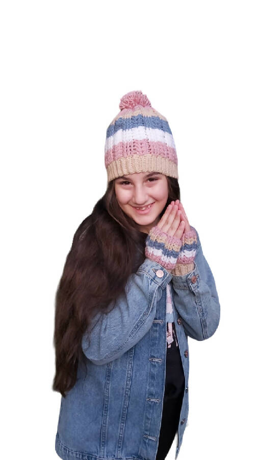 Fashion Stitch Colorful Wool Crochet Hat & Gloves Set For Girls Between 8 & 15 Years Old