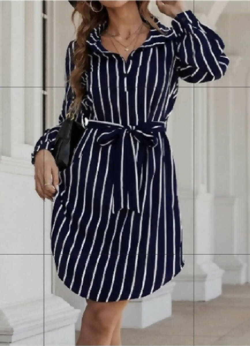 Fashion Beauty Style 7 stripped Collar Shirt Navy Blue Dress