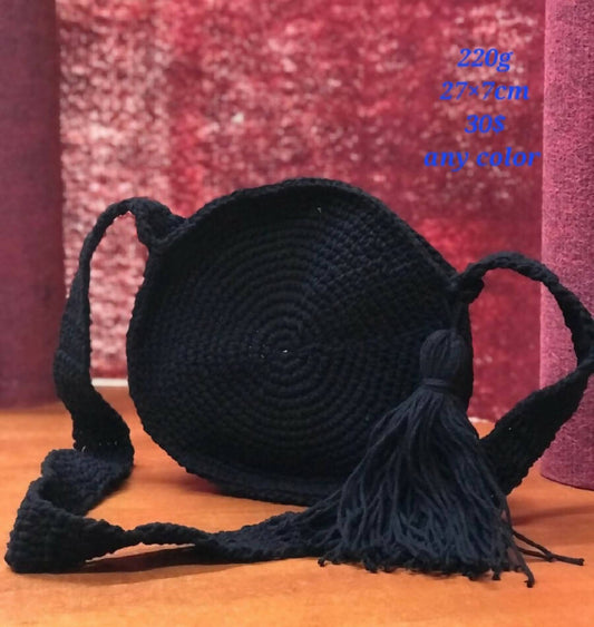 Magic of Crochet Handmade Black Round Bag Crochet Diameter 25 cm