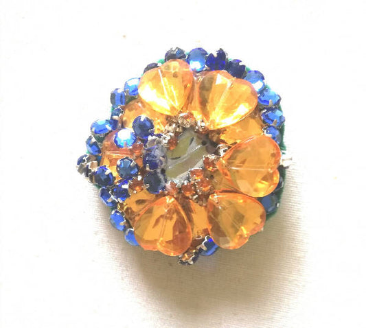 Moon By Mona Hand Made Yellow/Blue Embroidered Flower Brooch