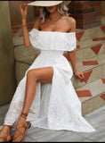 Fashion Beauty Style 7 Off Shoulders Split Thigh Women Dress Available In Two Colors White And Blue