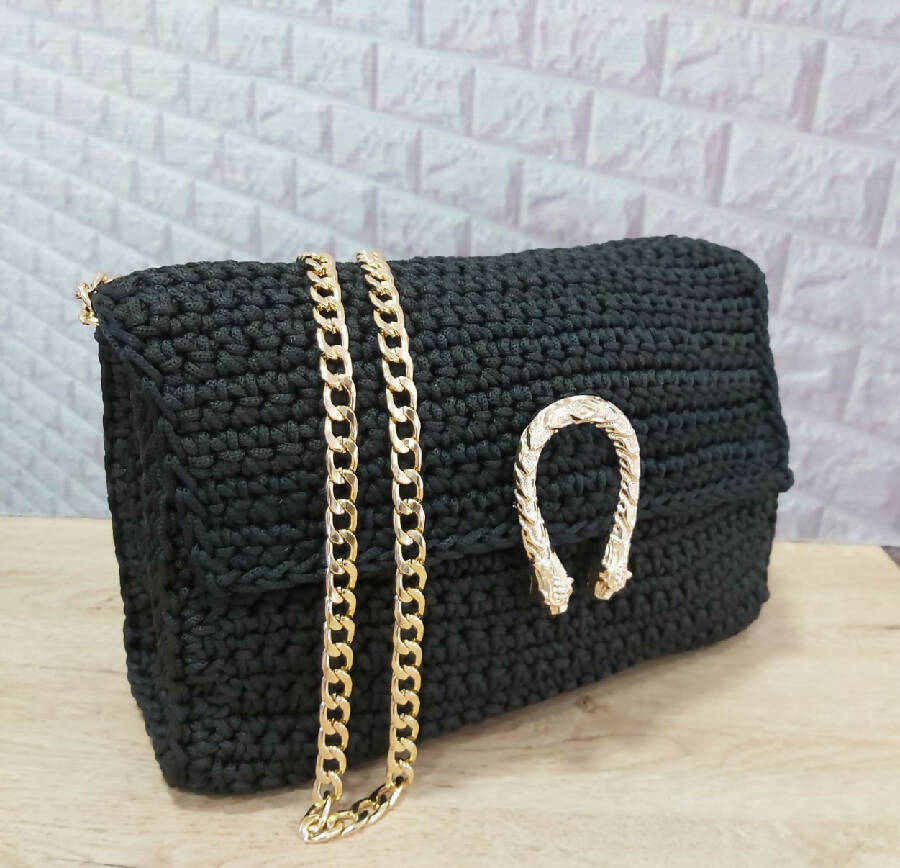 Halartizian Plain Black Cotton Crochet Bag